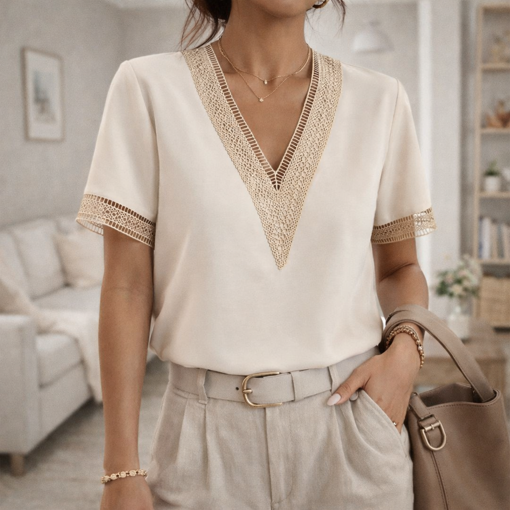 Women's elegant V-neck top with delicate lace trim, perfect for spring and summer fashion.