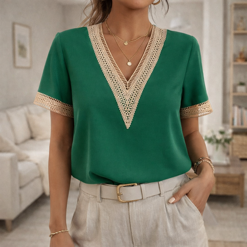 Elegant short-sleeve V-neck top for women, featuring lace trim, suitable for spring and summer fashion.