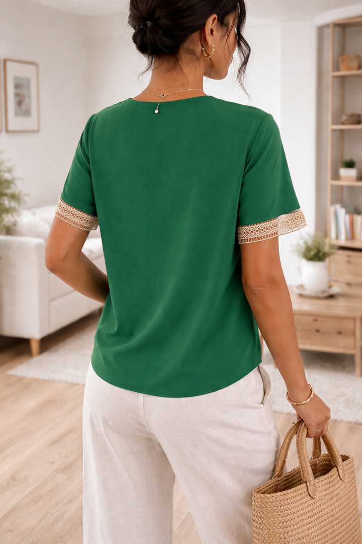 Women's fashion V-neck top, short sleeve, delicate lace trim, versatile, casual chic, everyday comfort.