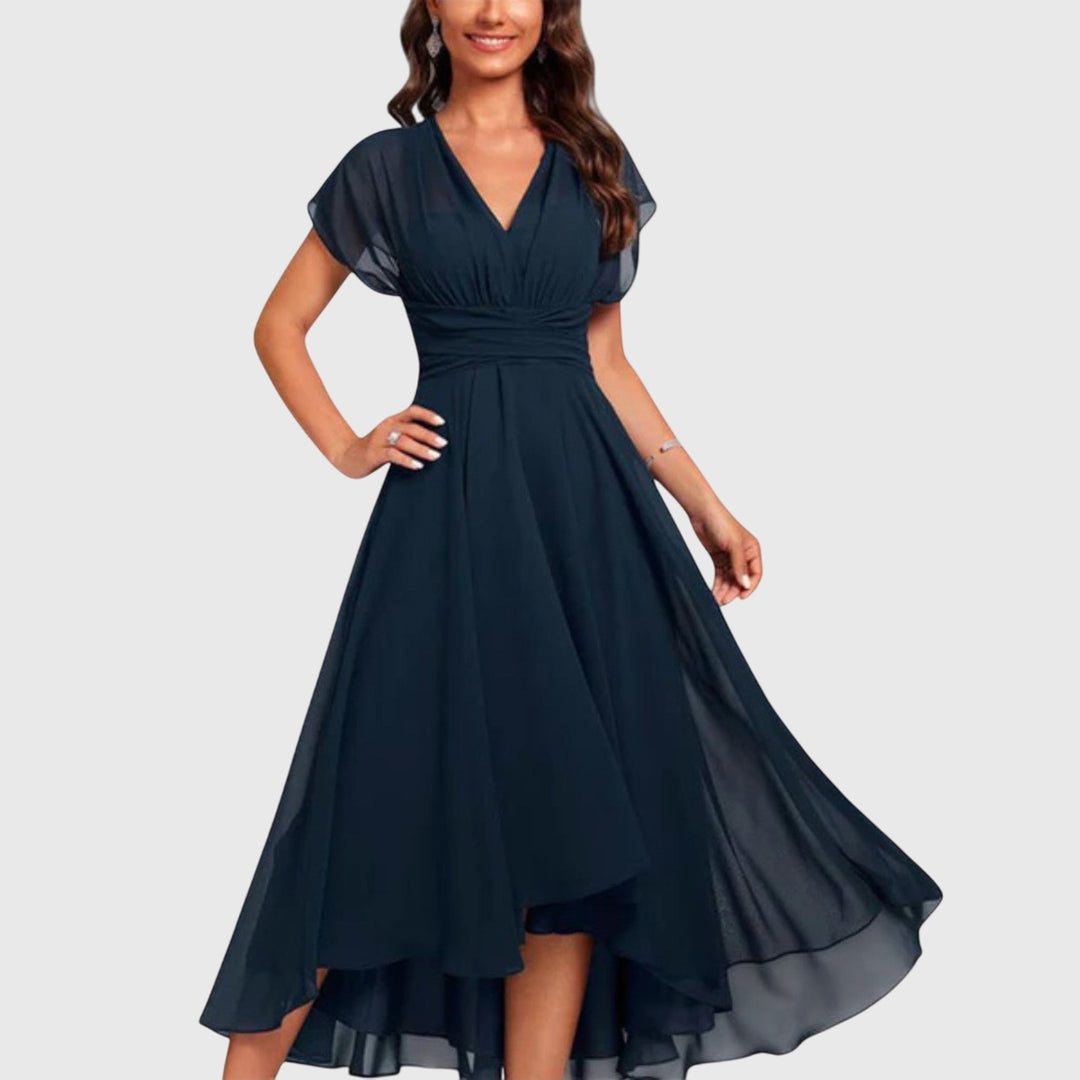 Women's elegant V-neck wrap midi dress, short sleeve, flattering for versatile day-to-night style, perfect for spring/summer.