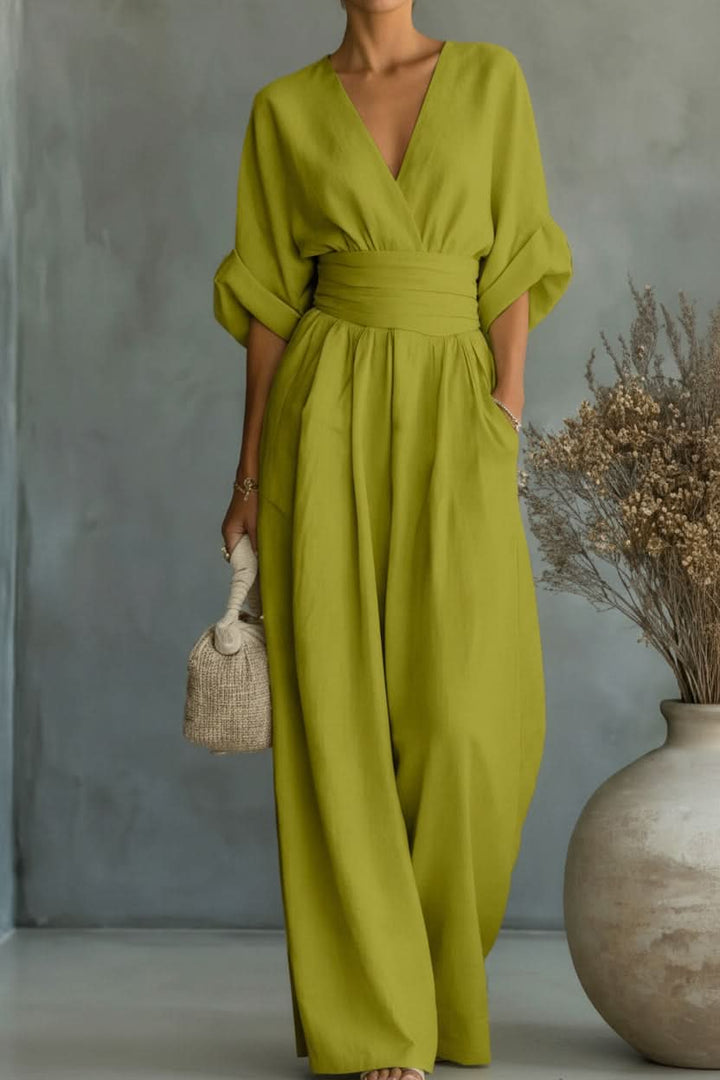 Stylish women's vintage jumpsuit, elegant retro fashion suitable for casual or evening wear.