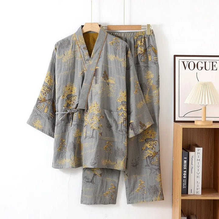Relaxed fit women's kimono pajama set with artistic watercolor print, ideal for home comfort and sleepwear.