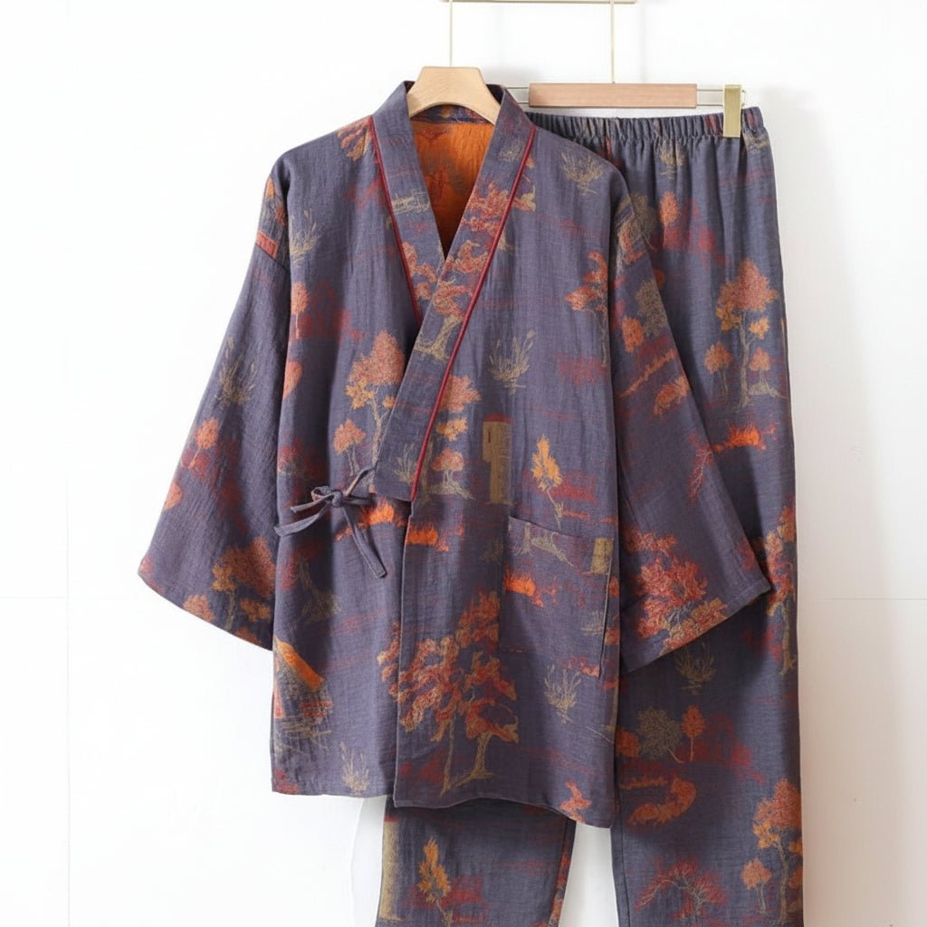 Stylish women's sleepwear: artistic watercolor print kimono pajama set, perfect for elegant lounging.