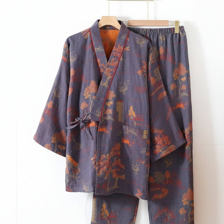 Stylish women's sleepwear: artistic watercolor print kimono pajama set, perfect for elegant lounging.