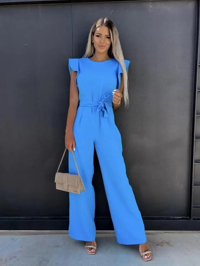 Chic women's wide leg jumpsuit, elegant occasion wear with butterfly sleeves & a flattering belt.