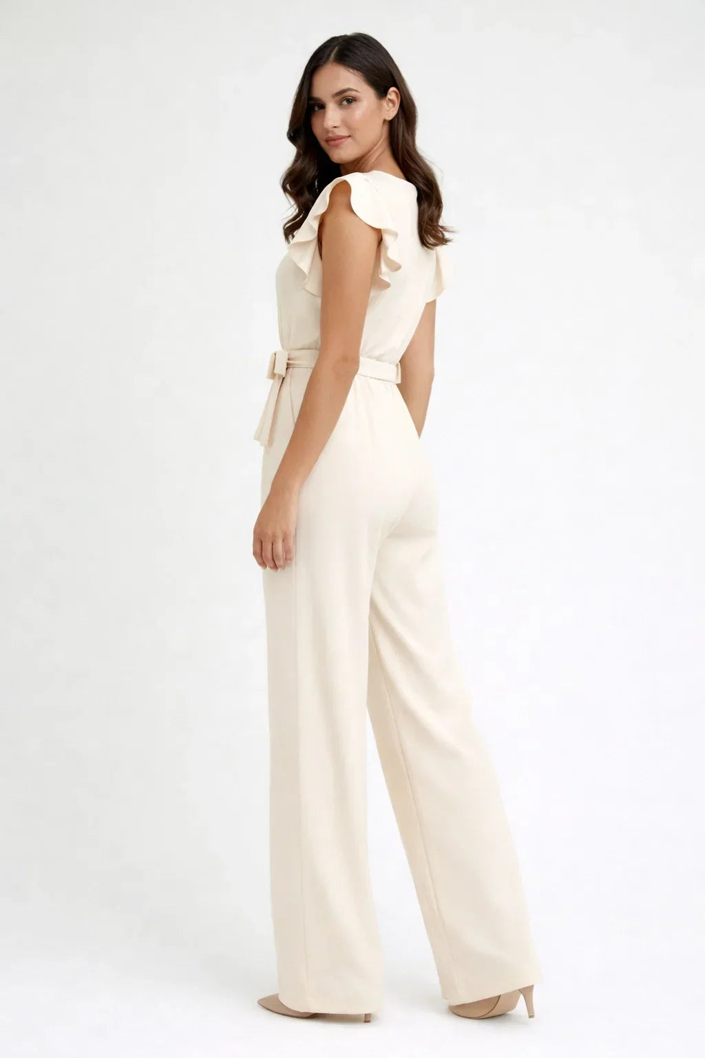 Fashionable women's wide leg jumpsuit with butterfly sleeves & belt, perfect for elegant occasions.