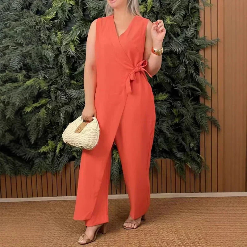 Women's elegant wide leg jumpsuit with V-neck and tie waist, perfect for summer fashion.