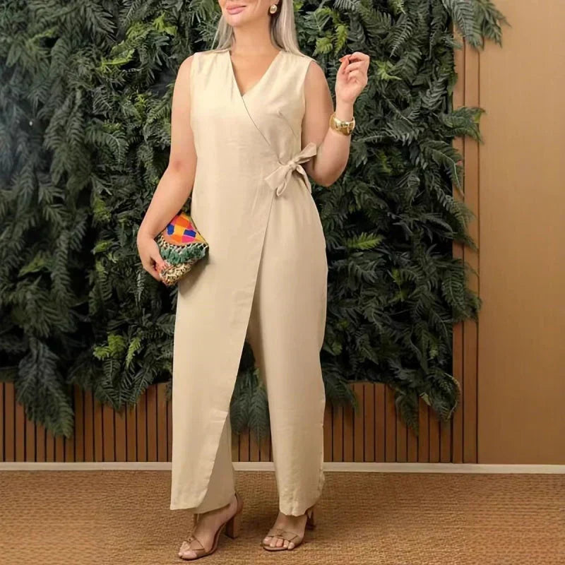 Stylish women's wide leg jumpsuit featuring V-neck, tie waist; ideal for casual chic or summer events.