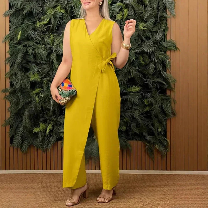 Comfortable women's wide leg jumpsuit with a flattering V-neck and tie waist for versatile styling.