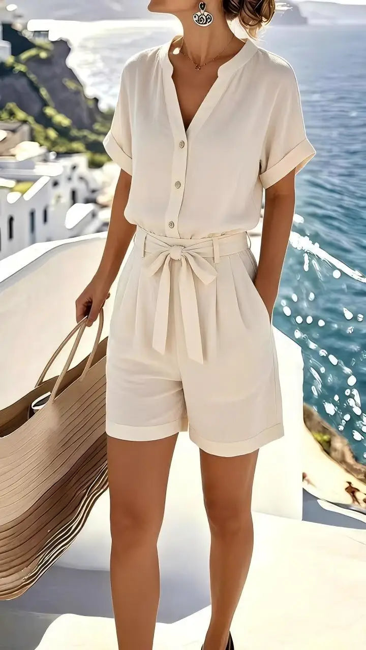 Women's Elowen Tie-Front Romper. Stylish, sleeveless playsuit perfect for summer casual outings & beach vacations.
