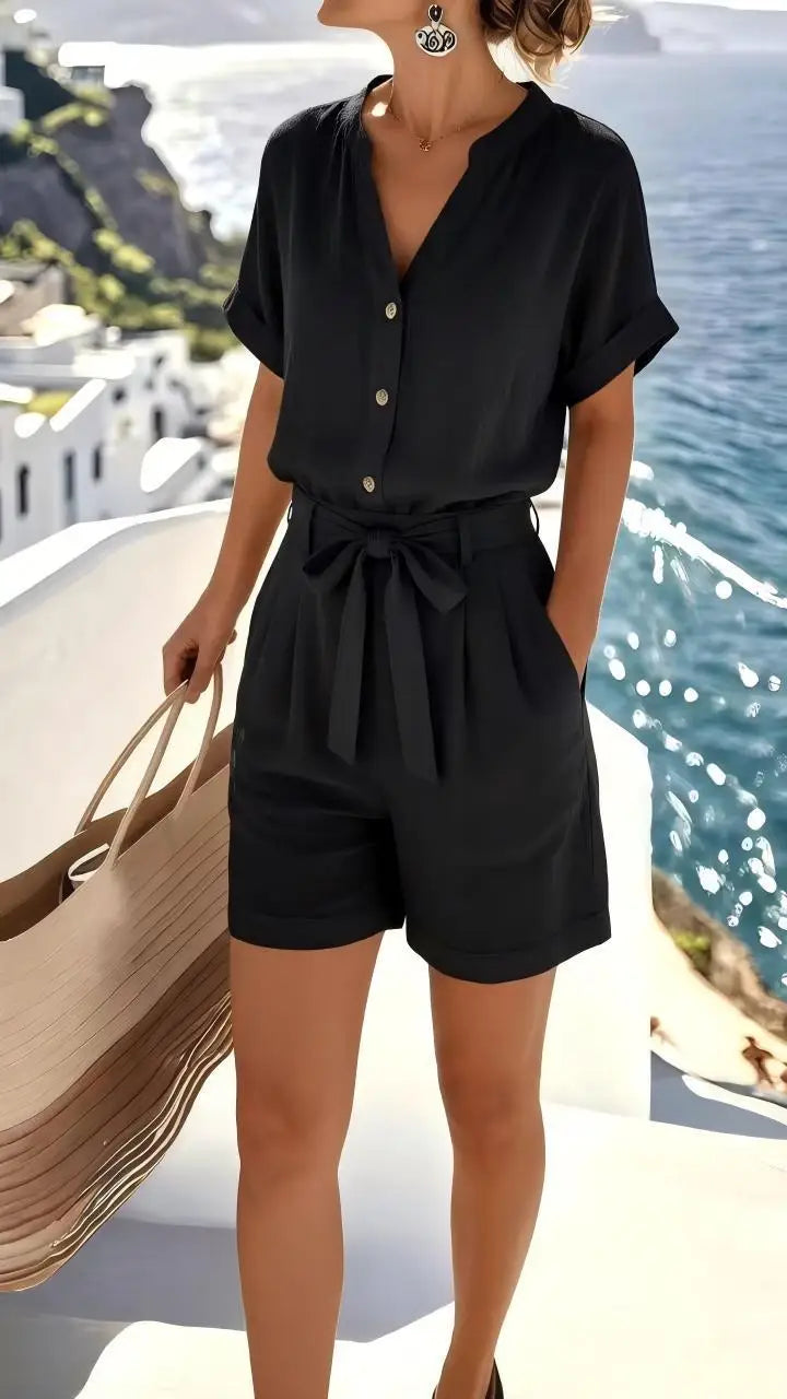 Casual women's Elowen tie-front romper. Effortless sleeveless summer playsuit for vacation or comfortable daily style.
