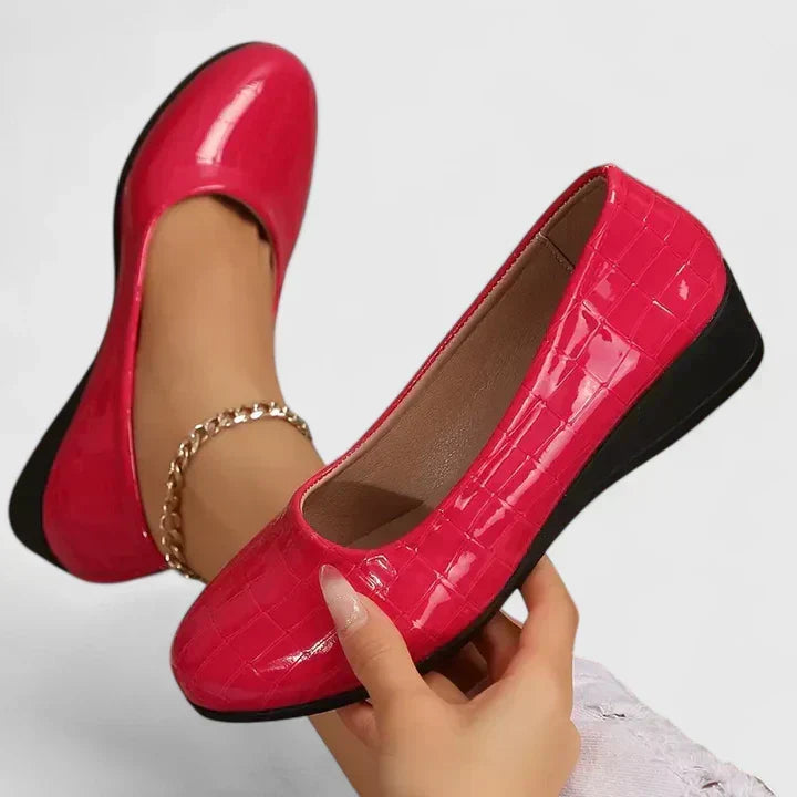 Fashionable women's embossed square toe wedge loafers. Subtle lift and ultimate comfort for all-day wear.