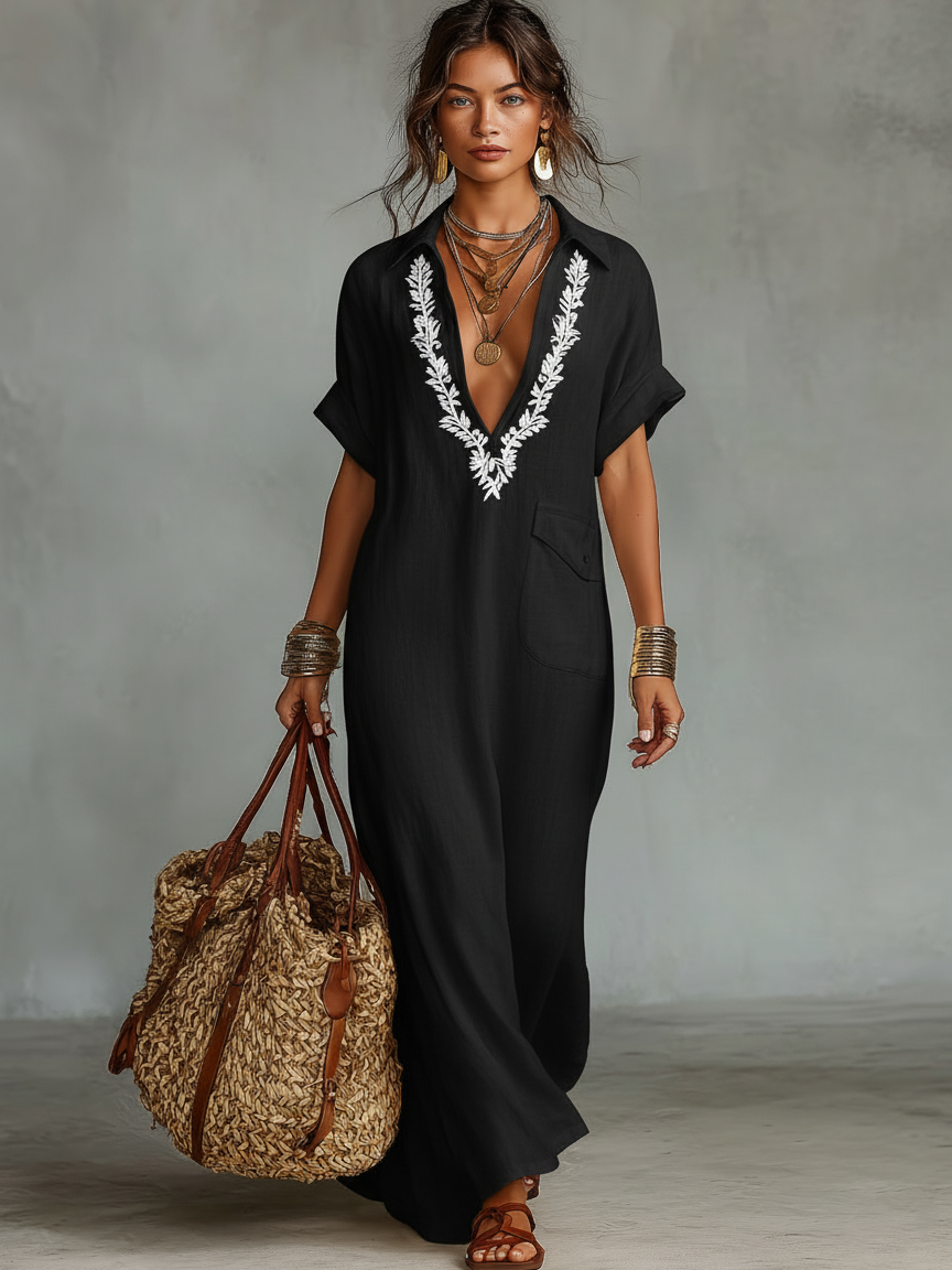 Loose fit embroidered short sleeve maxi dress for women, excellent vacation wear or elegant summer day dress.