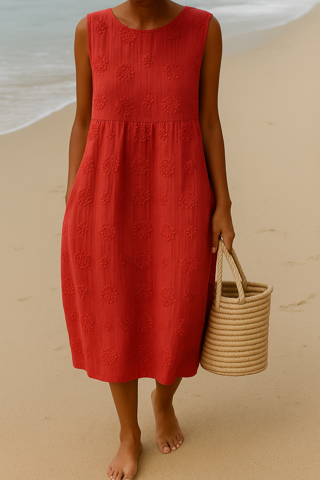 Fashionable women's embroidered sleeveless midi dress. This stylish, casual dress offers effortless elegance for women.