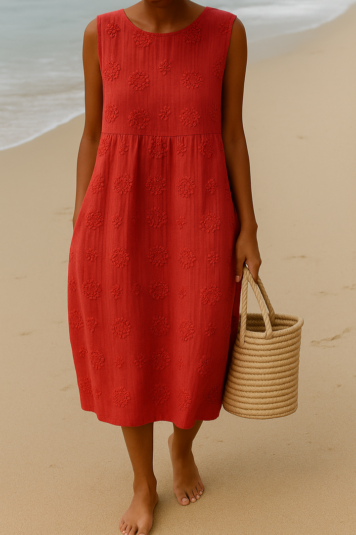 Fashionable women's embroidered sleeveless midi dress. This stylish, casual dress offers effortless elegance for women.