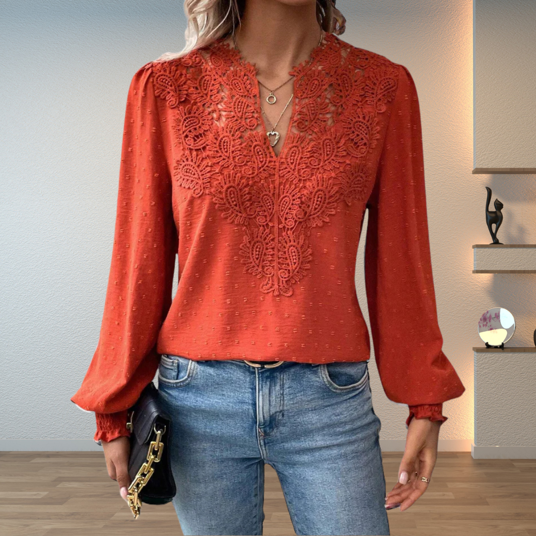 Women's embroidered V-neck long sleeve blouse, perfect for elegant office wear or casual chic.