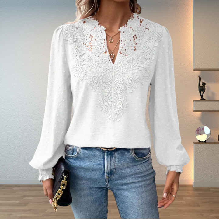 Black women's embroidered V-neck long sleeve blouse, an elegant puff sleeve top for fashion-forward women.