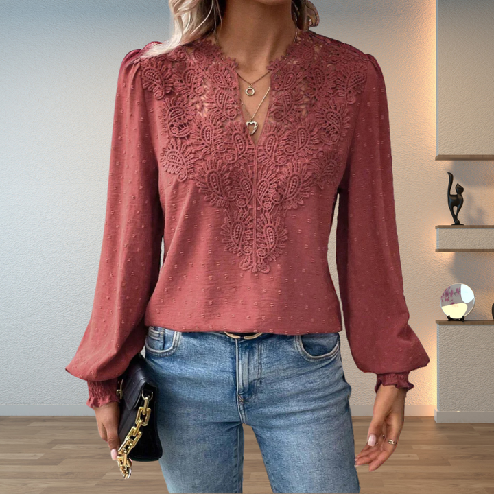 White women's embroidered V-neck long sleeve blouse, a casual chic puff sleeve top for versatile wear.