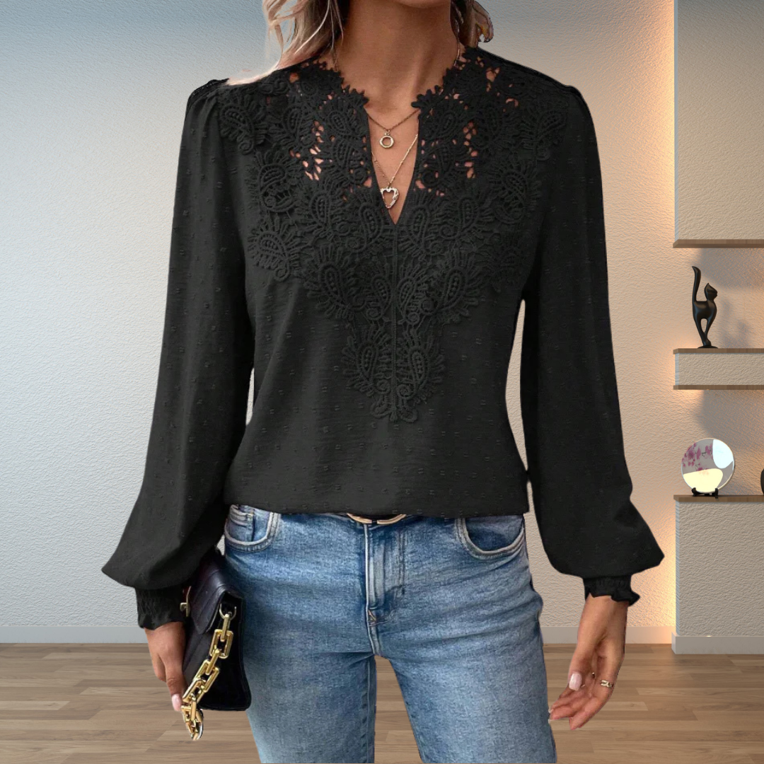 Elegant embroidered V-neck blouse for women, featuring long puff sleeves for office or casual wear.