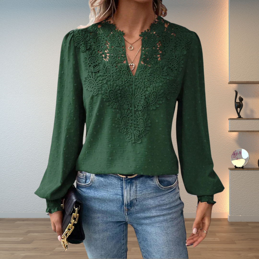 Versatile women's long sleeve V-neck blouse with delicate embroidery and stylish puff sleeves.
