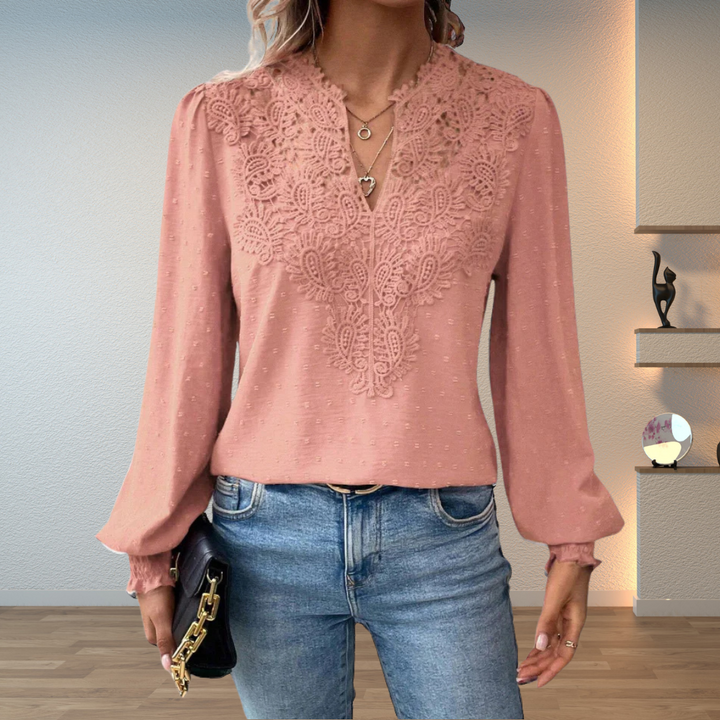 Women's V-neck long sleeve blouse, beautifully embroidered with puff sleeves, a chic and comfortable top.