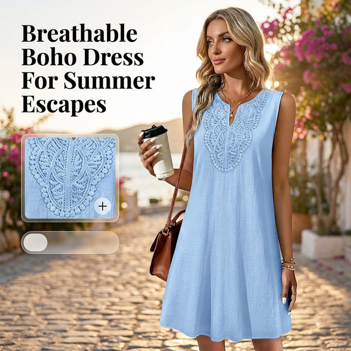 Elegant women's embroidered V-neck sleeveless summer dress, perfect for vacation outfits.