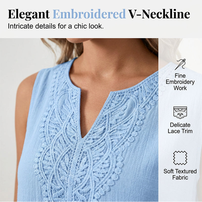 Relaxed fit women's embroidered V-neck summer dress, ideal for comfortable daily wear.