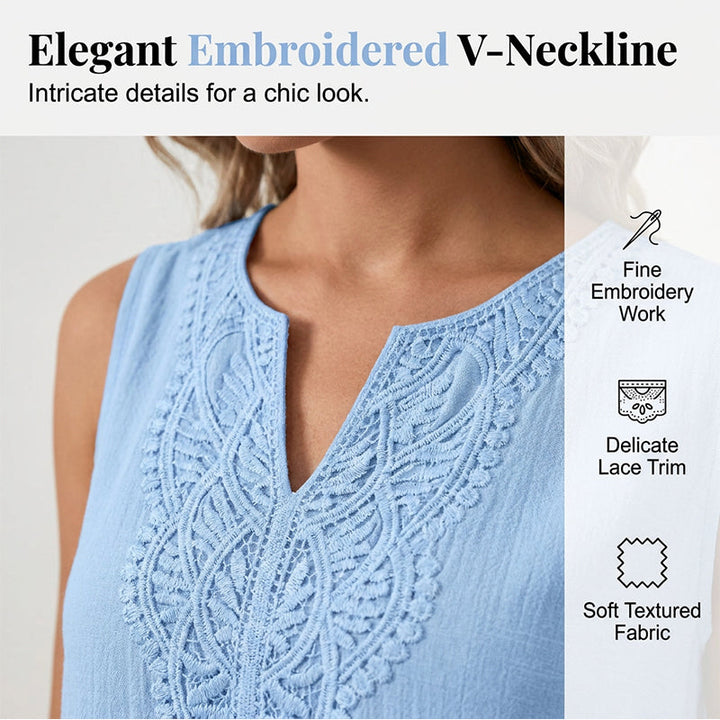 Relaxed fit women's embroidered V-neck summer dress, ideal for comfortable daily wear.