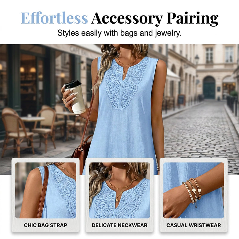 Stylish women's sleeveless V-neck dress, embroidered for a chic and relaxed summer look.