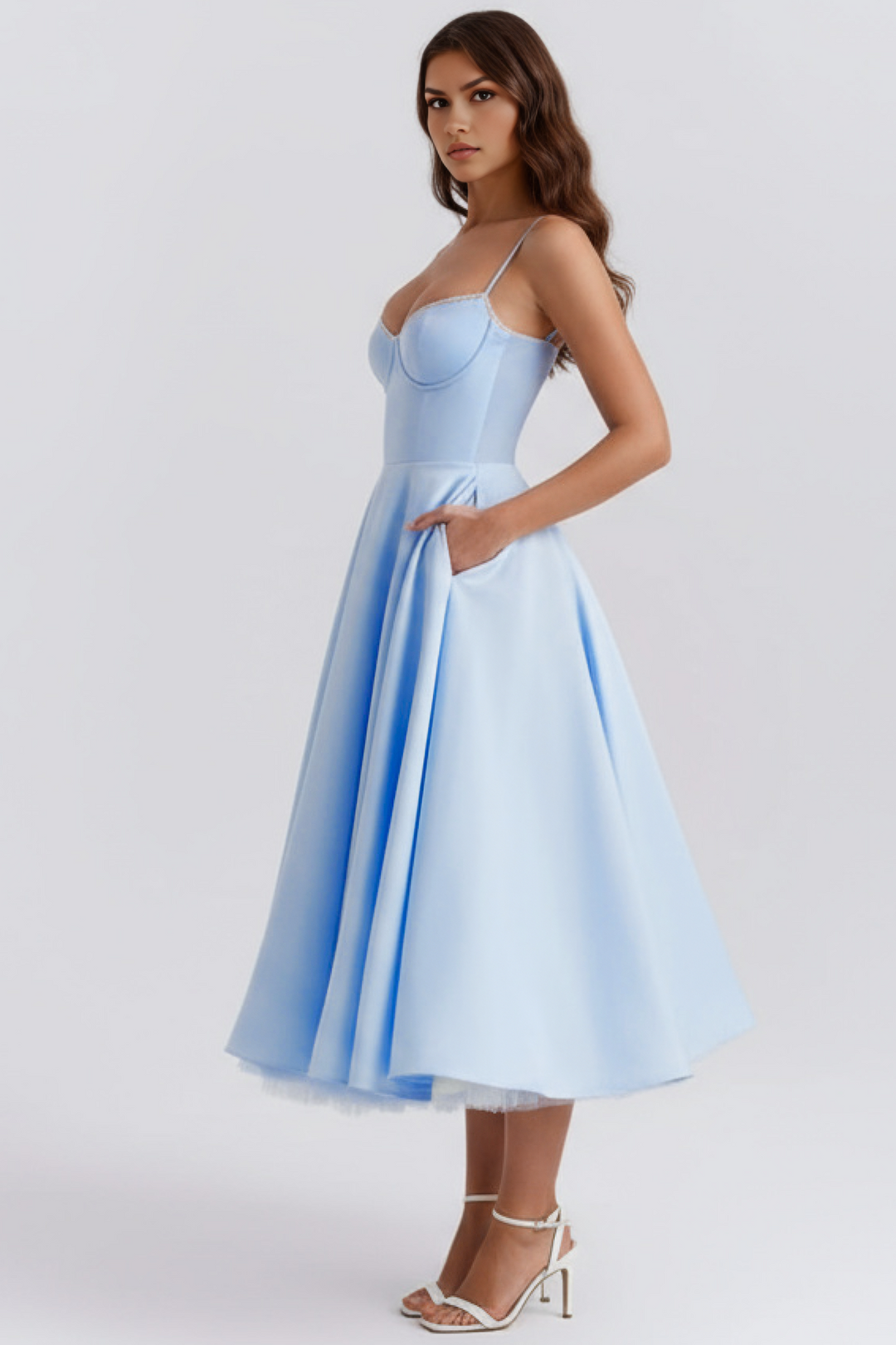 Feminine women's midi dress. Ideal as a special occasion, cocktail, or summer party dress.