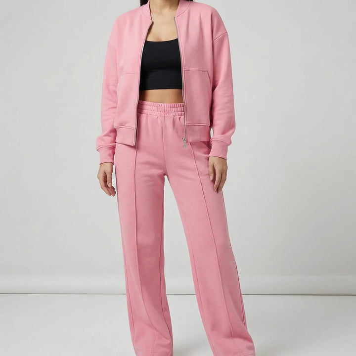 Elegant Evie women's two-piece set featuring regular fit straight leg trousers and a tailored jacket.