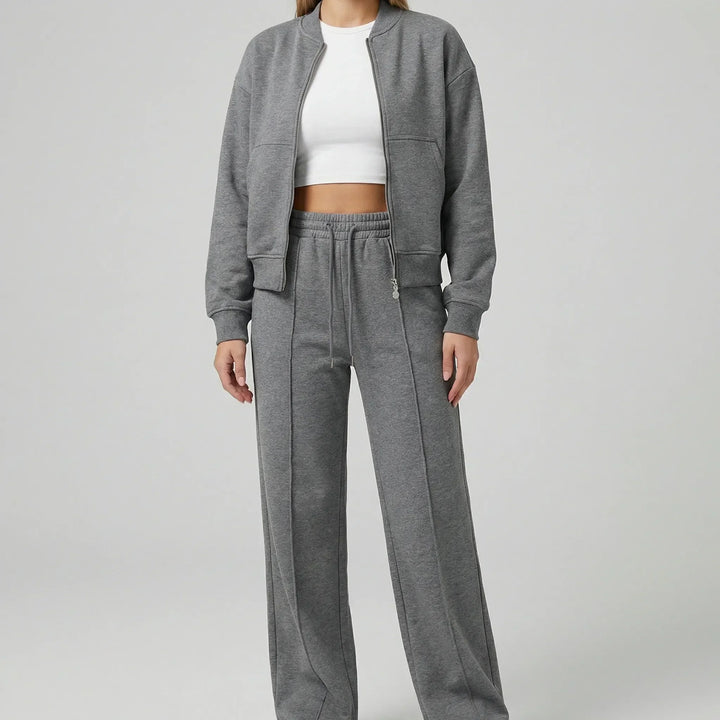 Evie women's regular fit straight leg trousers set, an adaptable two-piece outfit for spring & fall fashion.