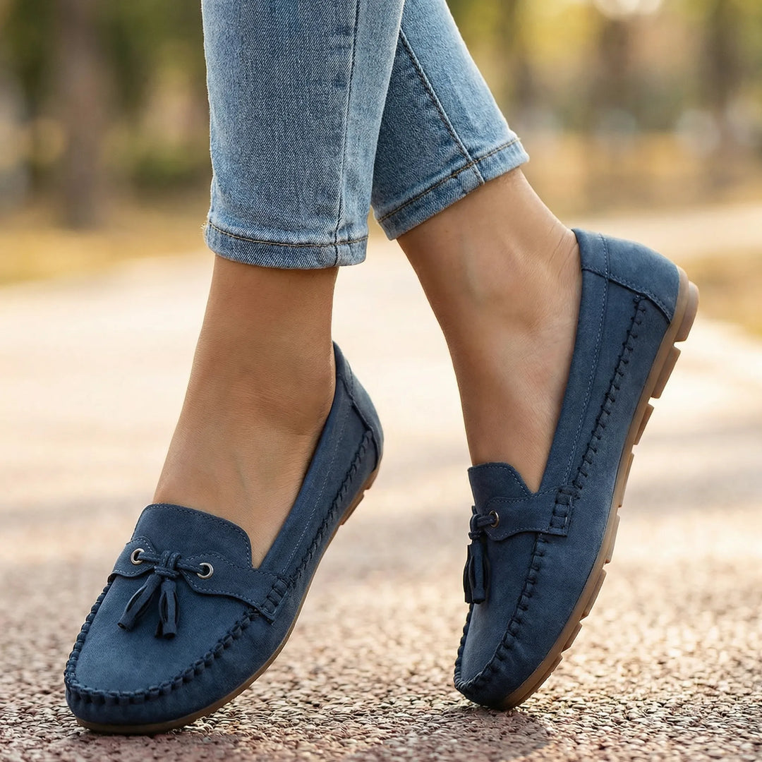 Women's wide fit casual shoes, memory foam comfort, stylish slip-on loafers.