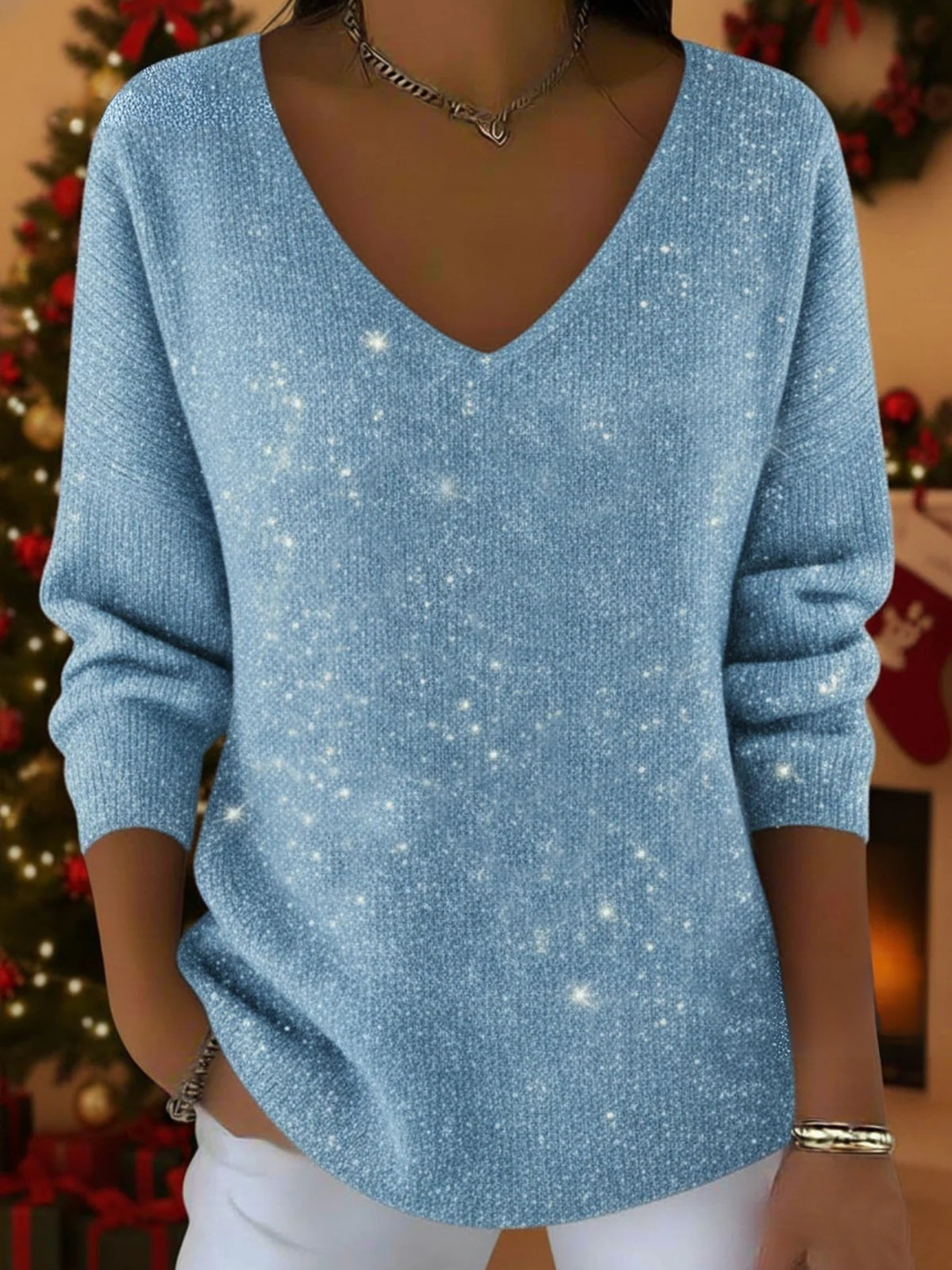 Casual elegant women's long-sleeve v-neck sweater. A comfortable festive jumper for fall and winter style.