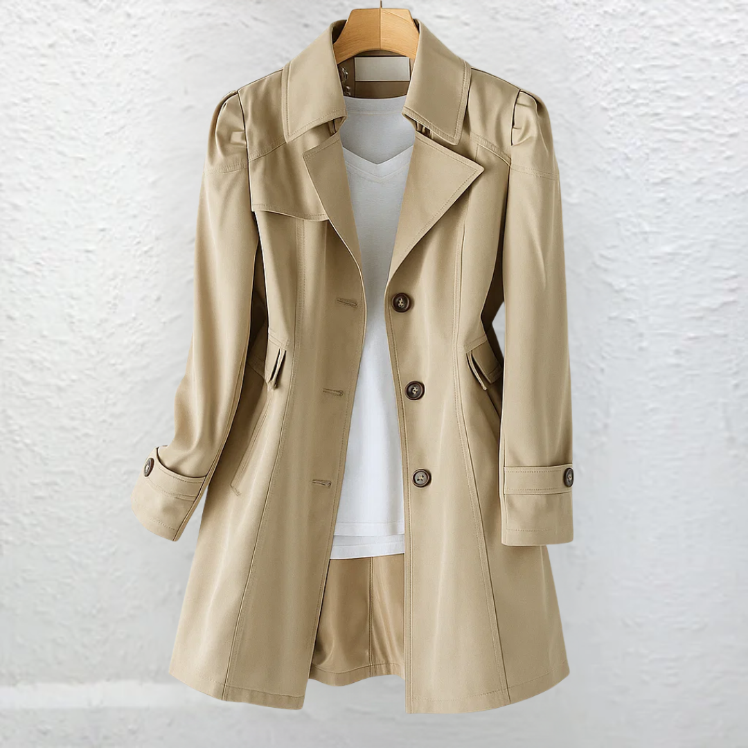 Feminine fit women's long trench coat with belt, structured collar. Perfect vintage-inspired outerwear for spring & fall.