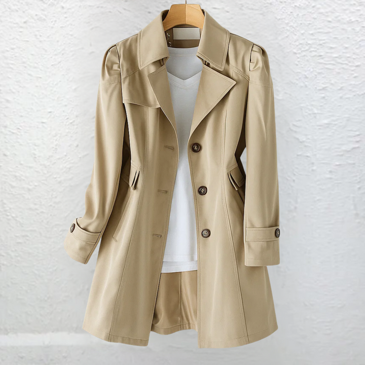 Feminine fit women's long trench coat with belt, structured collar. Perfect vintage-inspired outerwear for spring & fall.