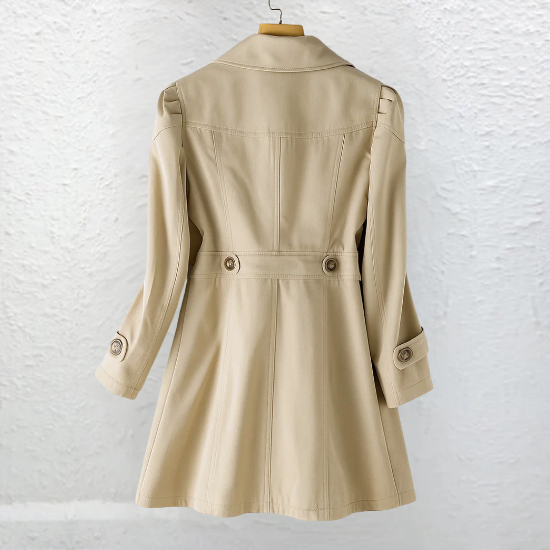 Stylish women's fitted trench coat, belted with structured collar. A versatile fall jacket & professional spring outerwear.