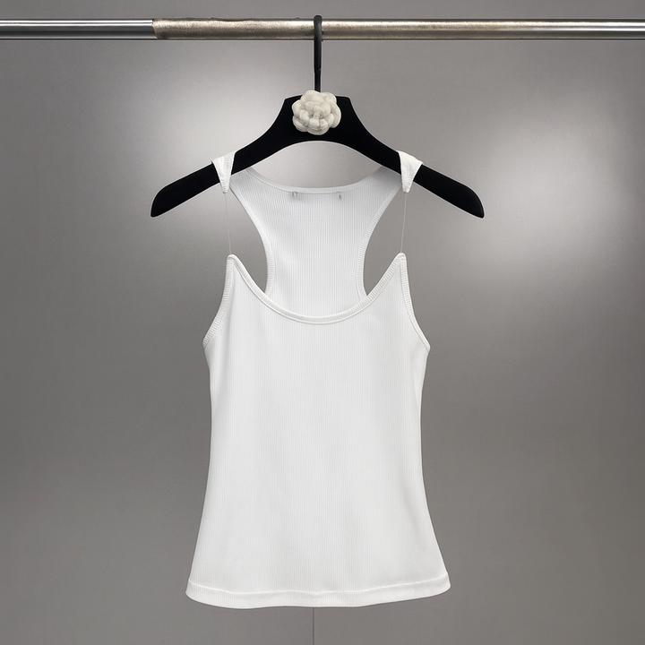 Women's fitted invisible strap tank top, a sleek summer essential for versatile layering & everyday fashion.
