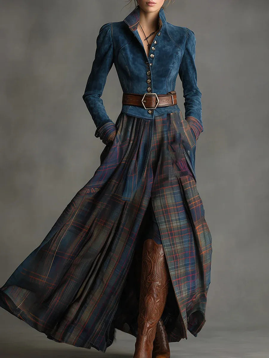 Women's fitted navy blue maxi dress with elegant plaid skirt, long sleeves, and stand collar for fall/winter occasion.