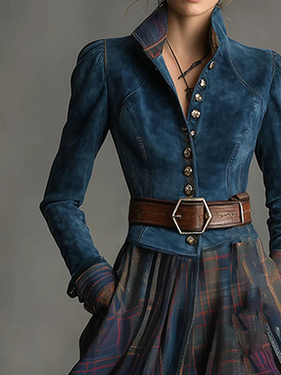 Bohemian vintage women's maxi dress with a fitted bodice, elegant plaid skirt, long sleeves, and practical pockets.