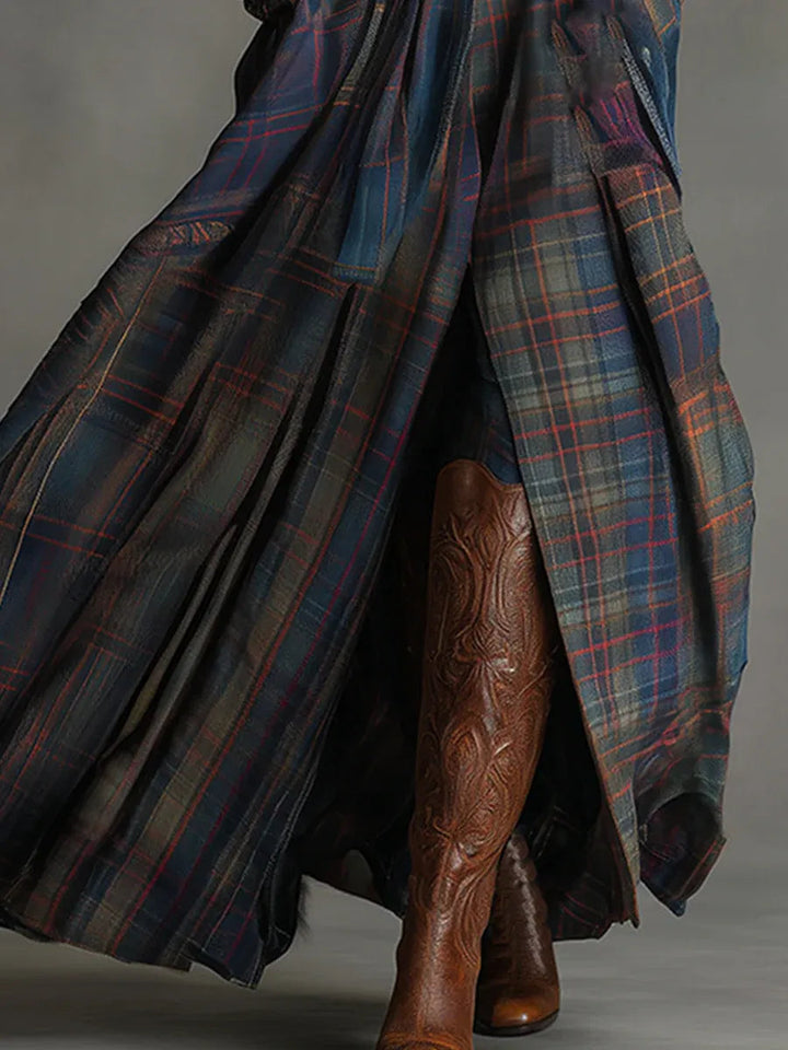 Elegant women's fall/winter maxi dress, navy blue, fitted design, plaid skirt, long sleeves, stand collar & pockets.