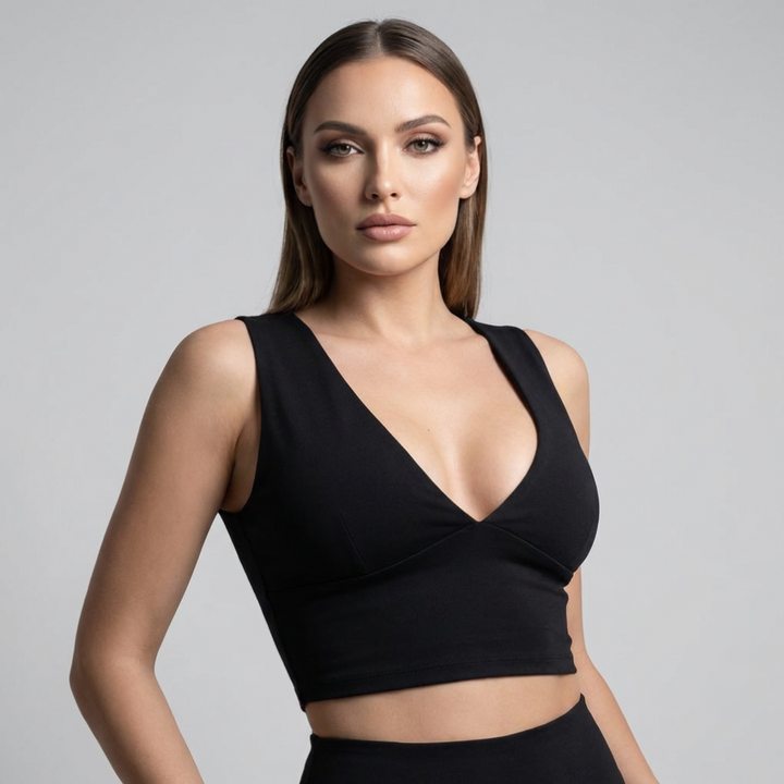 Women's fitted racerback cutout crop top with a deep V-neck, perfect for summer casual wear.