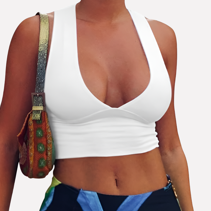Stylish women's casual crop top with a unique racerback cutout design and a flattering deep V-neck.