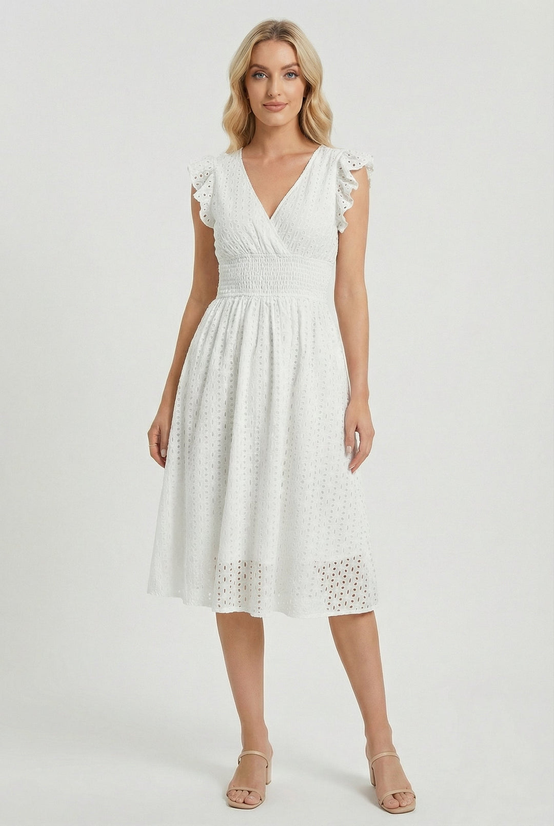 Women's flared eyelet midi dress with ruffled sleeves, perfect for summer.