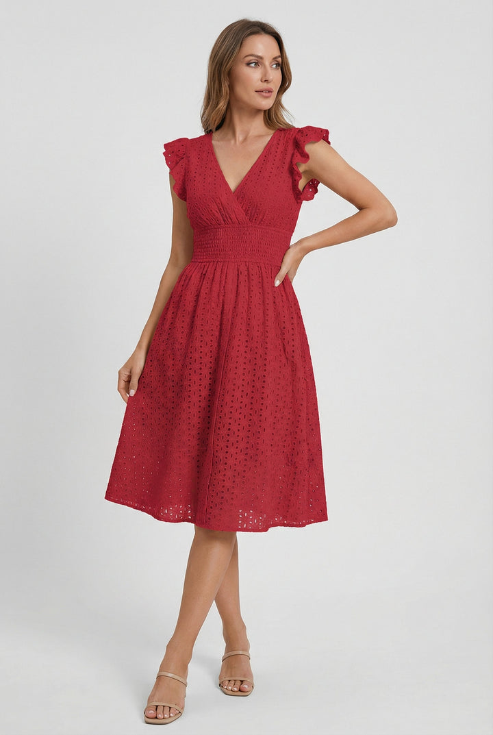 Flattering flared eyelet midi dress for women with playful ruffled sleeves; elegant summer style.