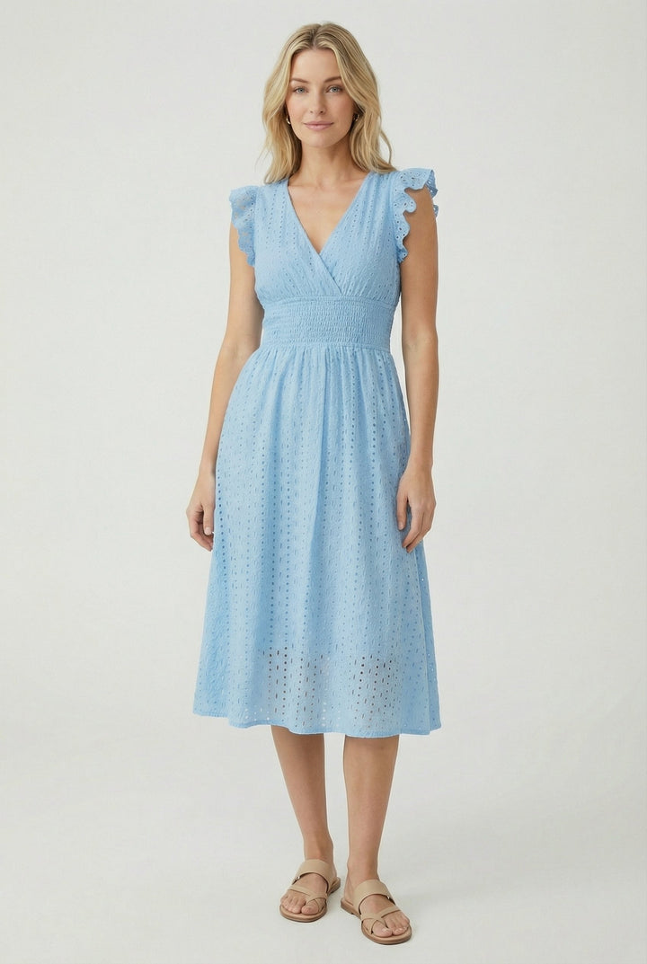 Chic women's eyelet midi dress, flared, with ruffled sleeves; essential vacation & beach wear.
