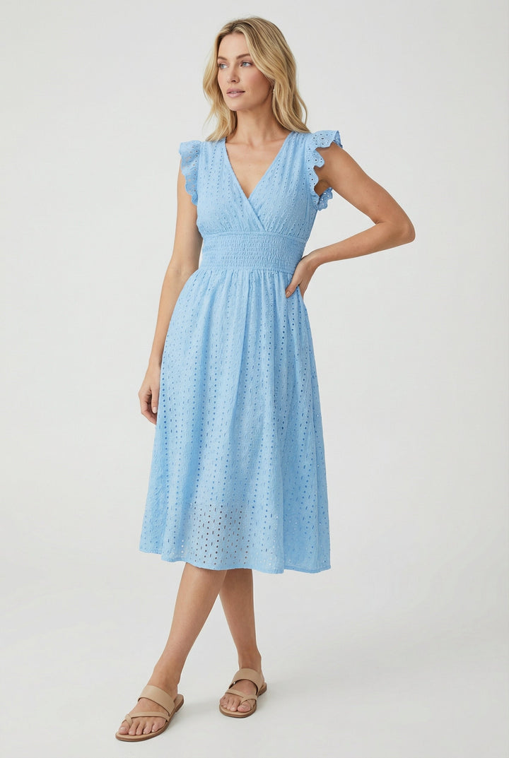 Comfortable women's flared midi dress with eyelet details, ruffled sleeves, and smocked waist.