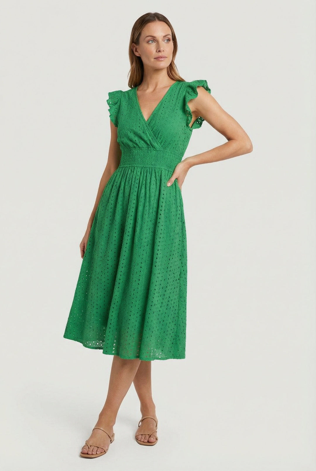 Flared eyelet midi dress for women, featuring stylish ruffled sleeves and a smocked waist, summer ready.