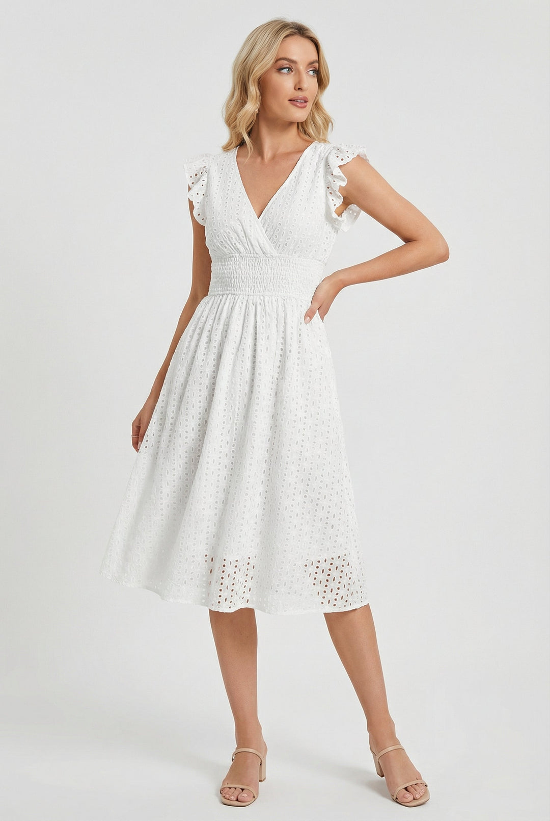 Elegant women's eyelet midi dress featuring ruffled sleeves and a flattering smocked waist.