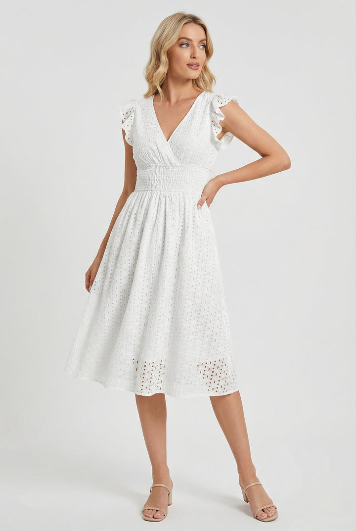 Elegant women's eyelet midi dress featuring ruffled sleeves and a flattering smocked waist.